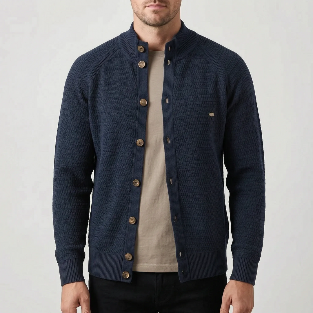 Vest heren | Gebreid model met knopen en opstaande kraag