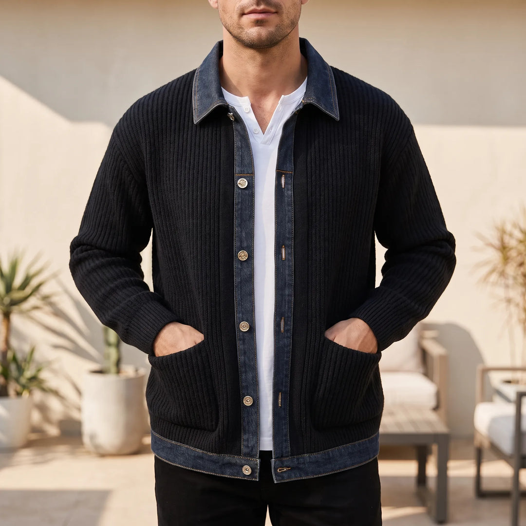 Vest heren | Gebreid vest met denim kraag en knoopsluiting