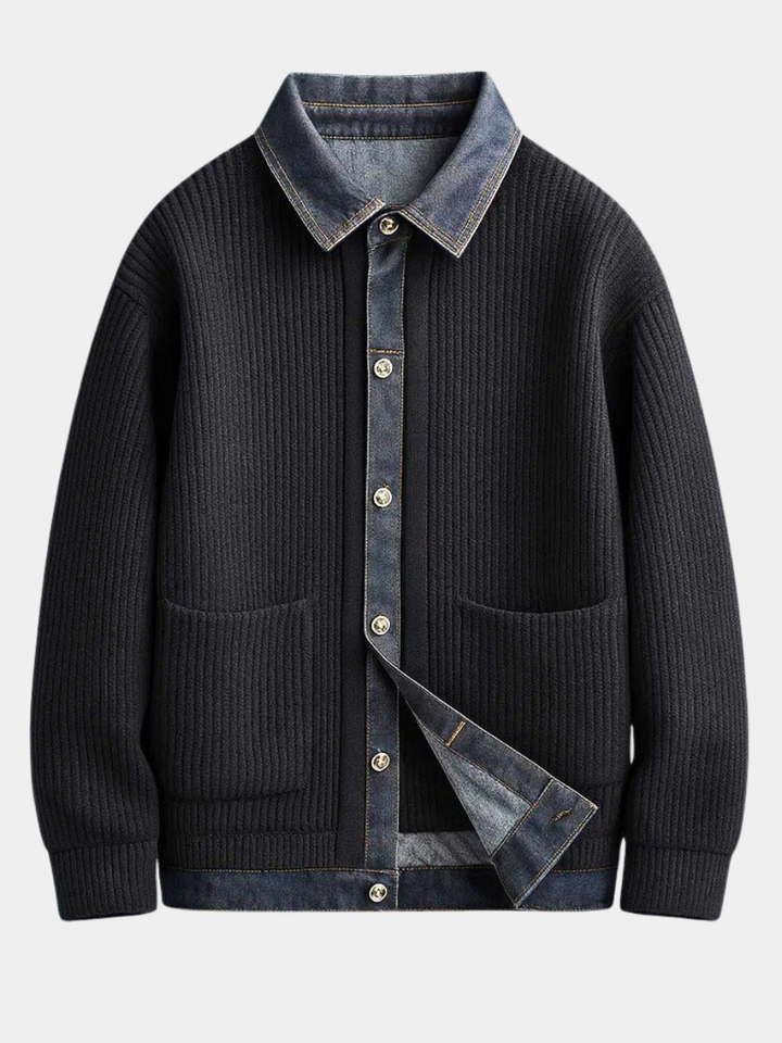 Vest heren | Gebreid vest met denim kraag en knoopsluiting