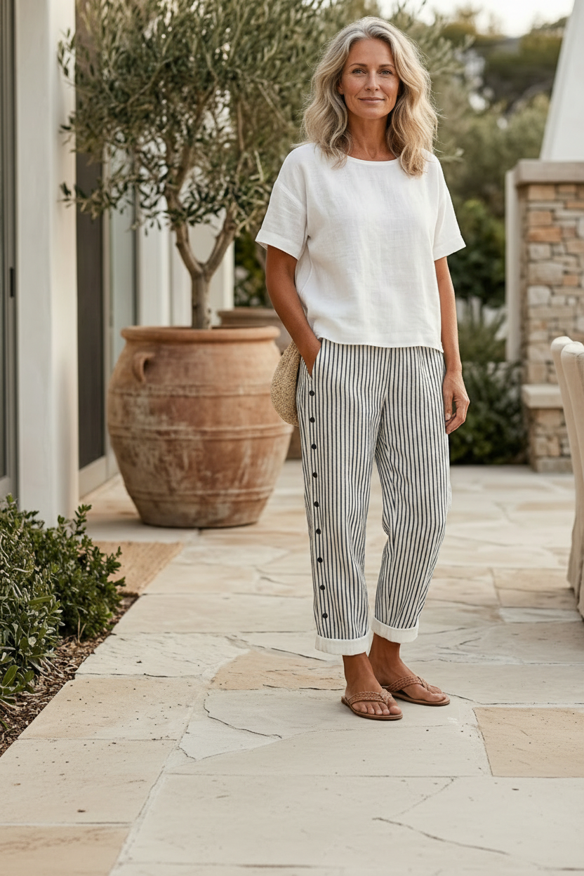 Zomerbroek dames | Gestreepte zomerbroek met knoopdetails
