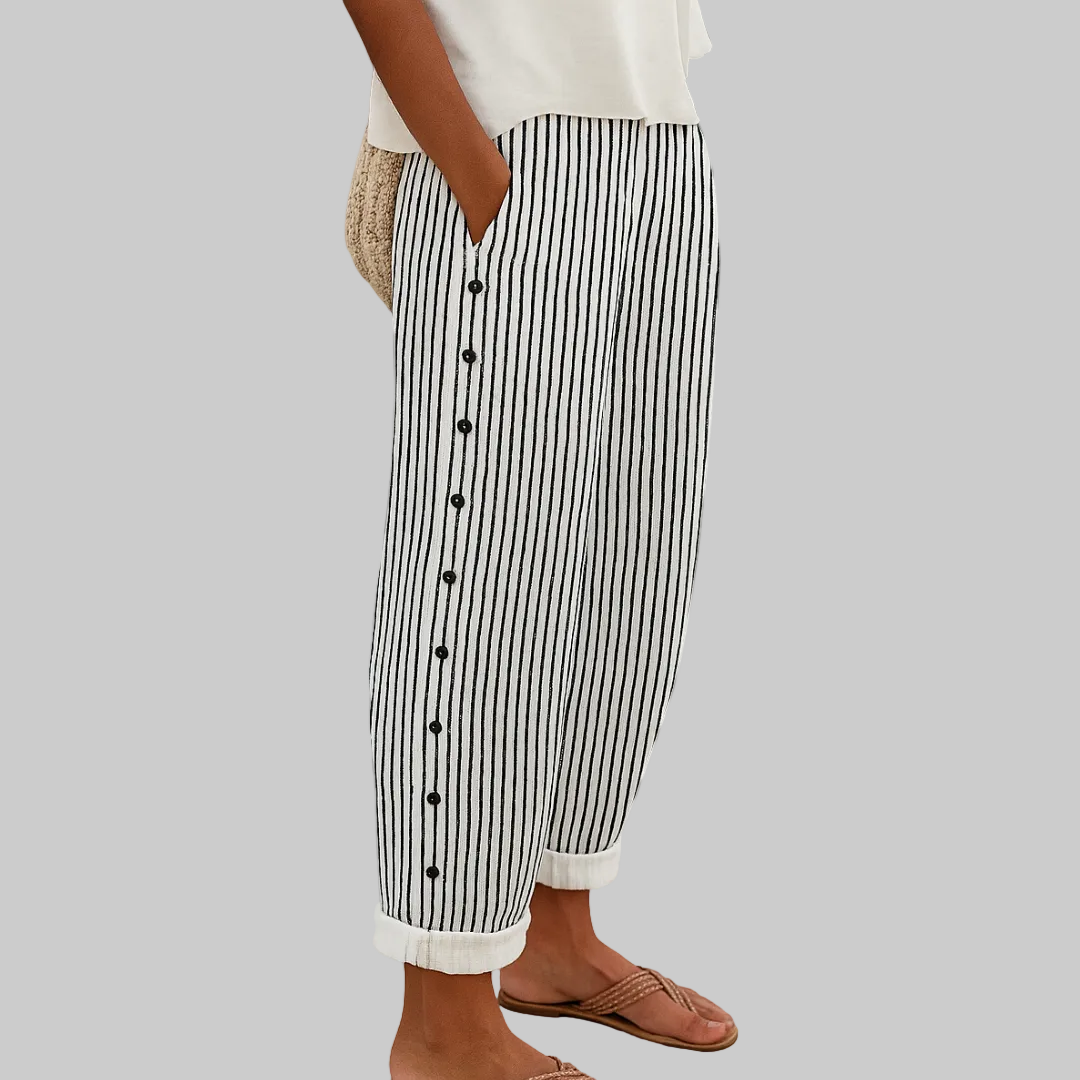Zomerbroek dames | Gestreepte zomerbroek met knoopdetails