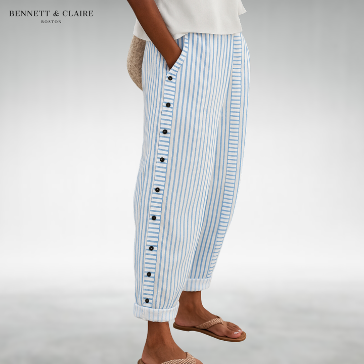 Zomerbroek dames | Gestreepte zomerbroek met knoopdetails