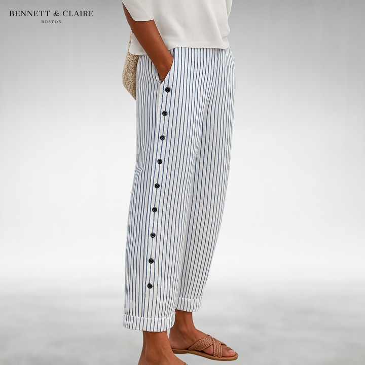 Zomerbroek dames | Gestreepte zomerbroek met knoopdetails