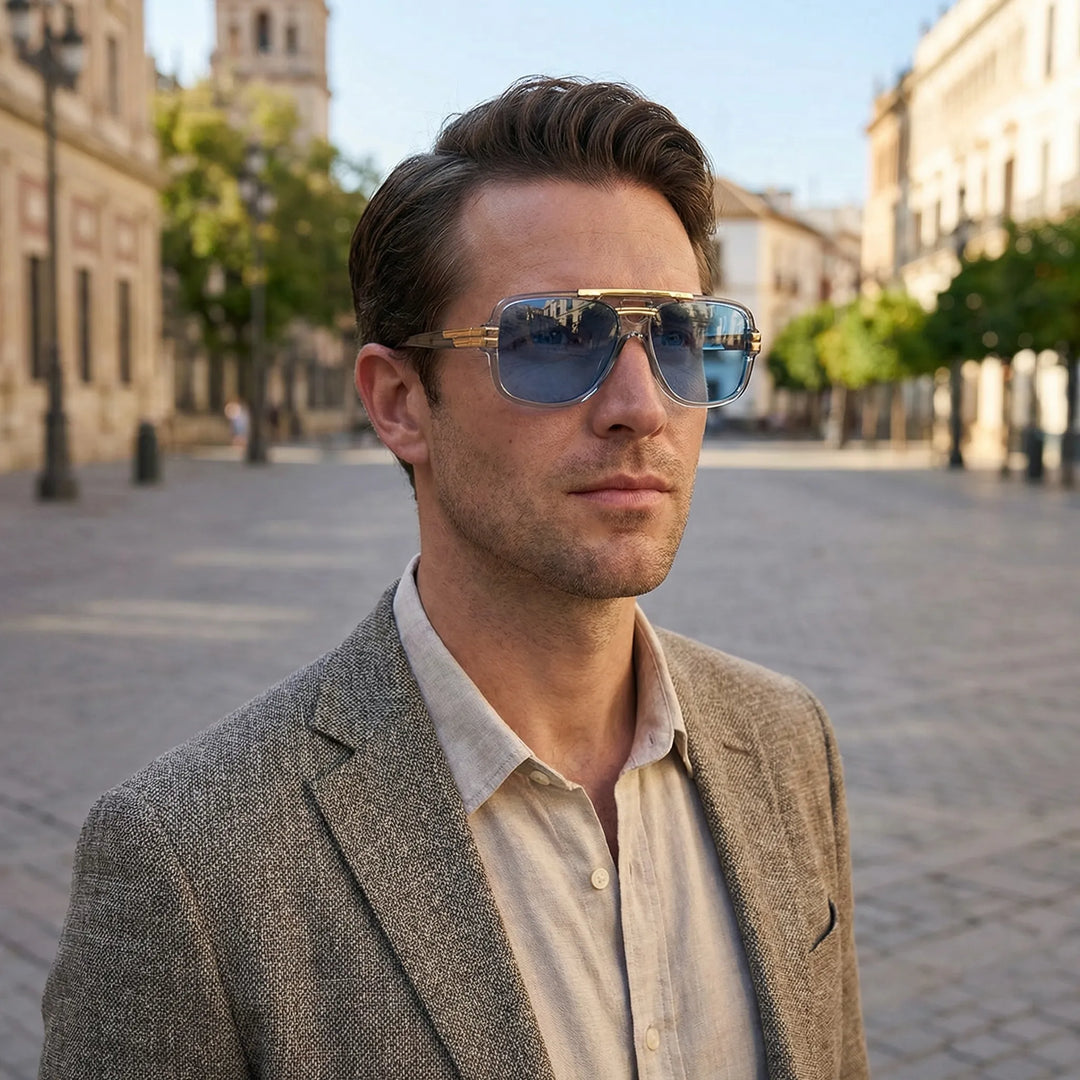 Zonnebril heren | Rechthoekig montuur met goud detail