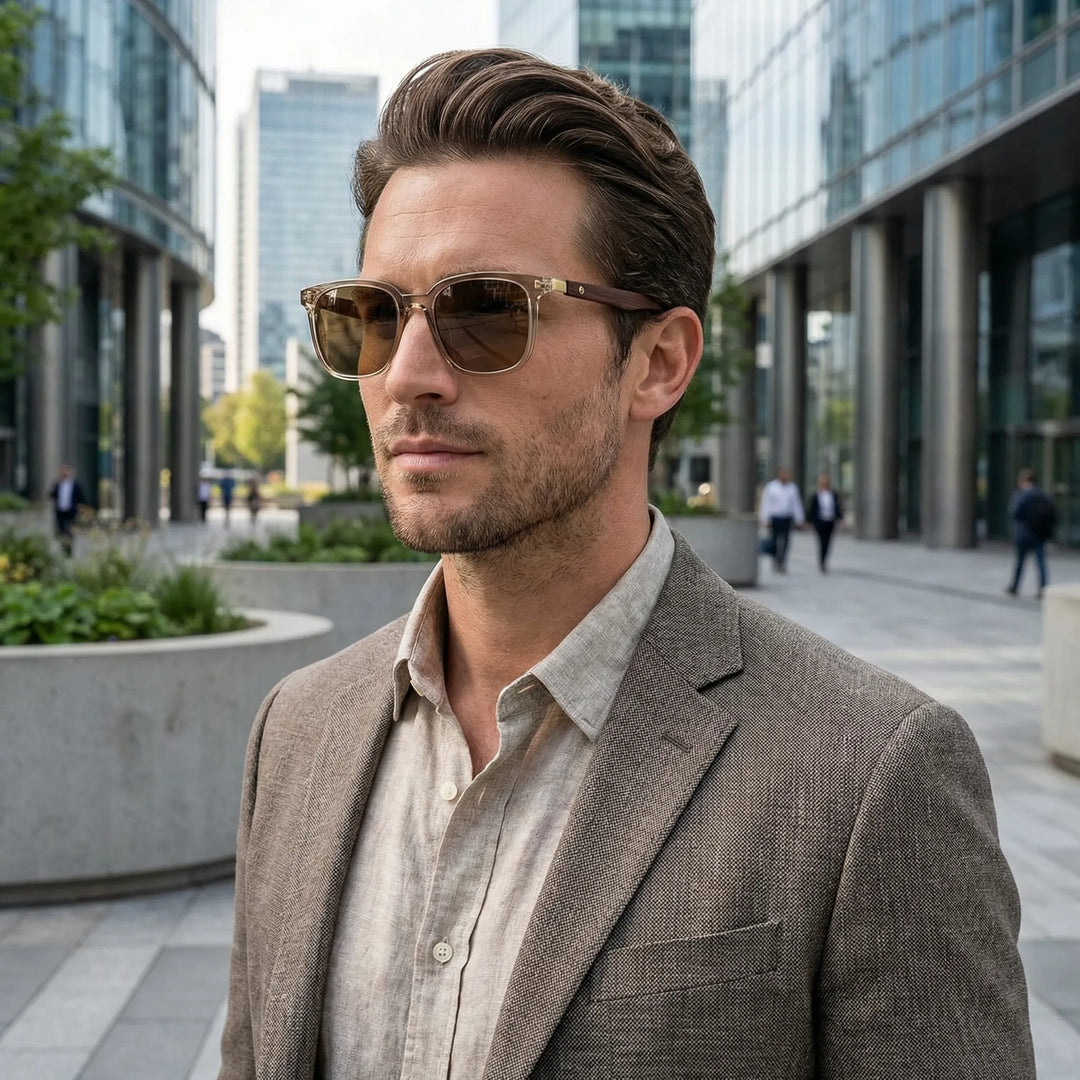 Zonnebril heren | Ronde glazen met houten look