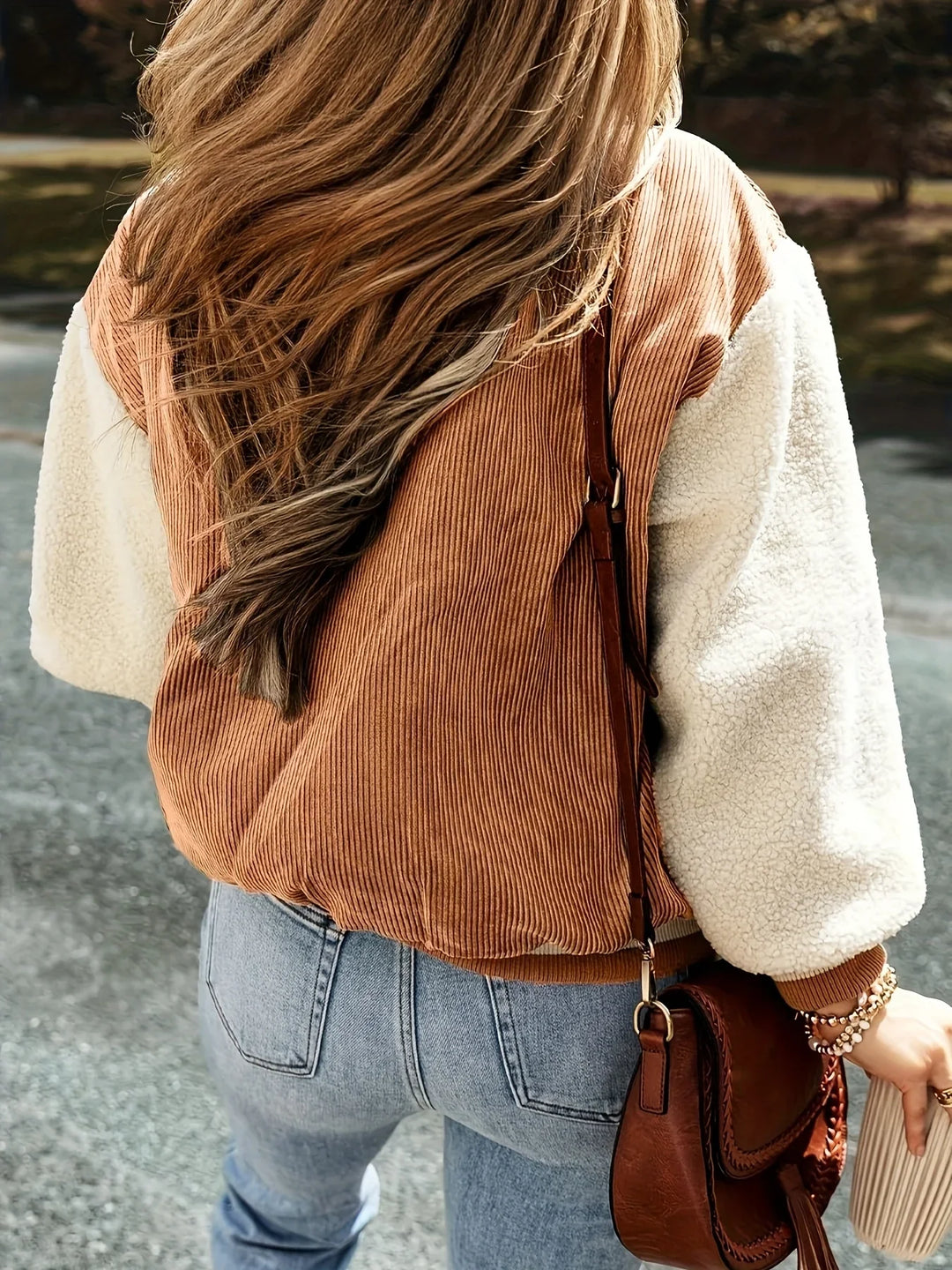 Bomberjack dames | Corduroy jas met fleece mouwen en knoopsluiting