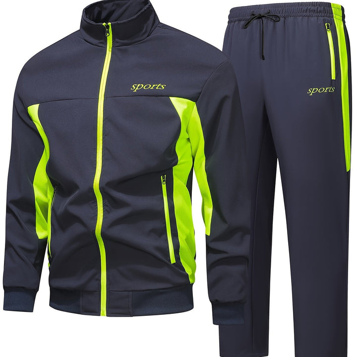 Heren trainingspak | Zwart sportpak met neon rits en broek