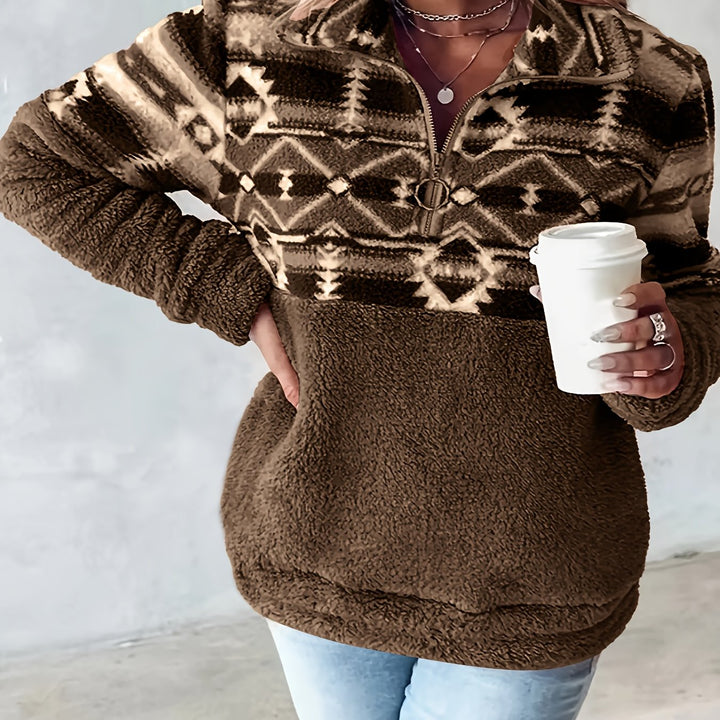 Dames sweater | Teddy fleece trui met halve rits en aztec print