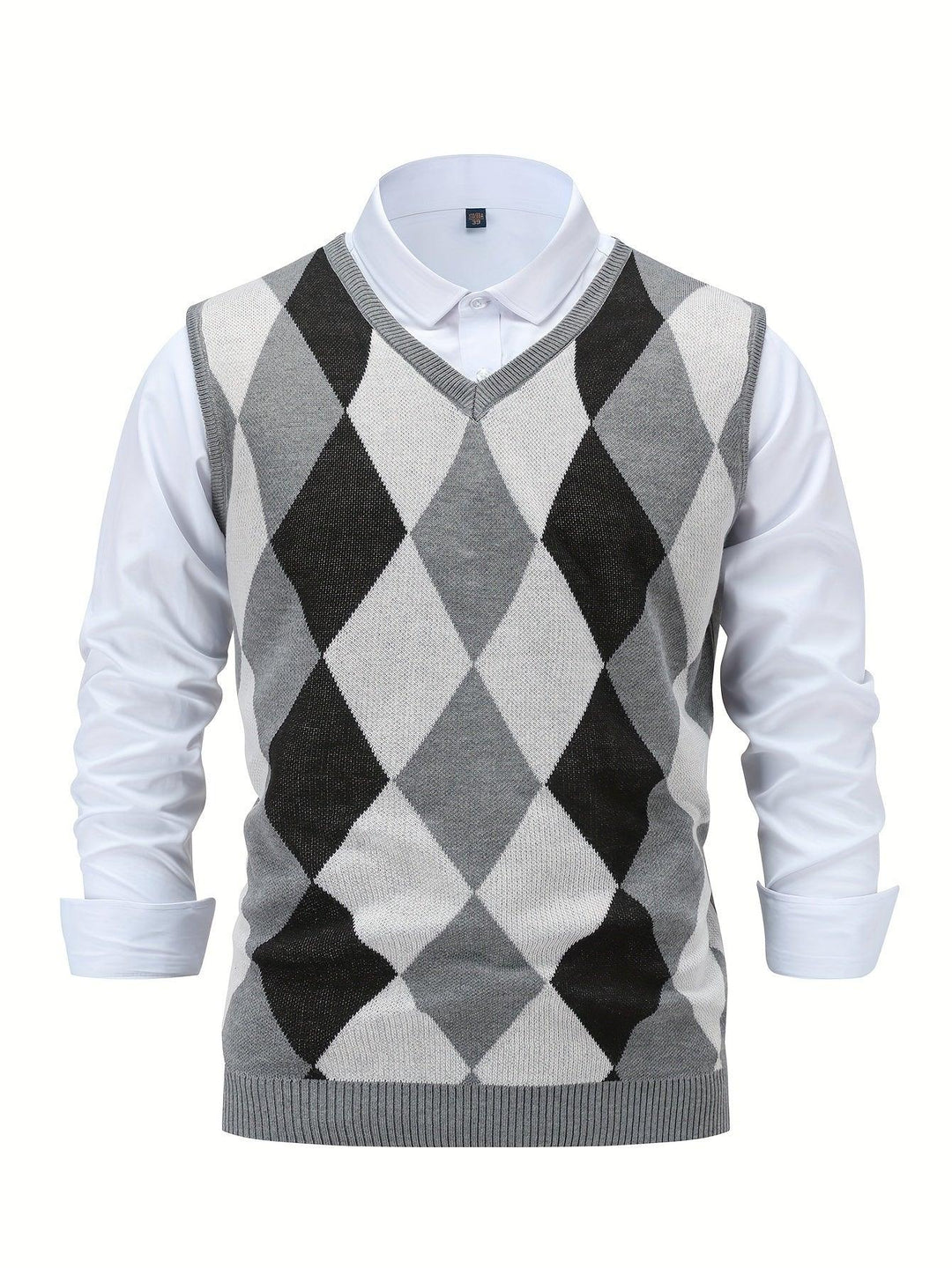 Heren pullover | Gebreide v-hals trui zonder mouwen met ruitpatroon