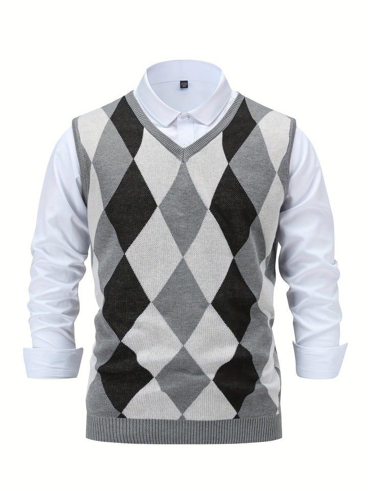 Heren pullover | Gebreide v-hals trui zonder mouwen met ruitpatroon