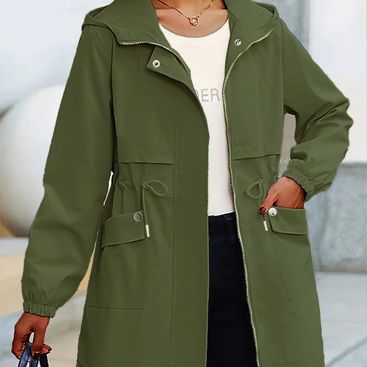 Dames trenchcoat | Beige windbreaker met capuchon en taillekoord