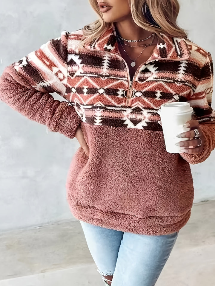 Dames sweater | Teddy fleece trui met halve rits en aztec print