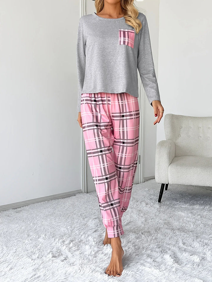 Dames pyjama set | Roze geruite broek met grijs shirt