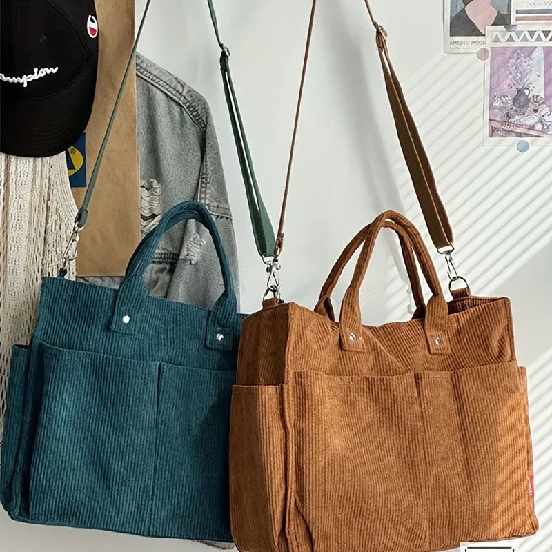 Dames tas | Gele corduroy tote met schouderband en vakken