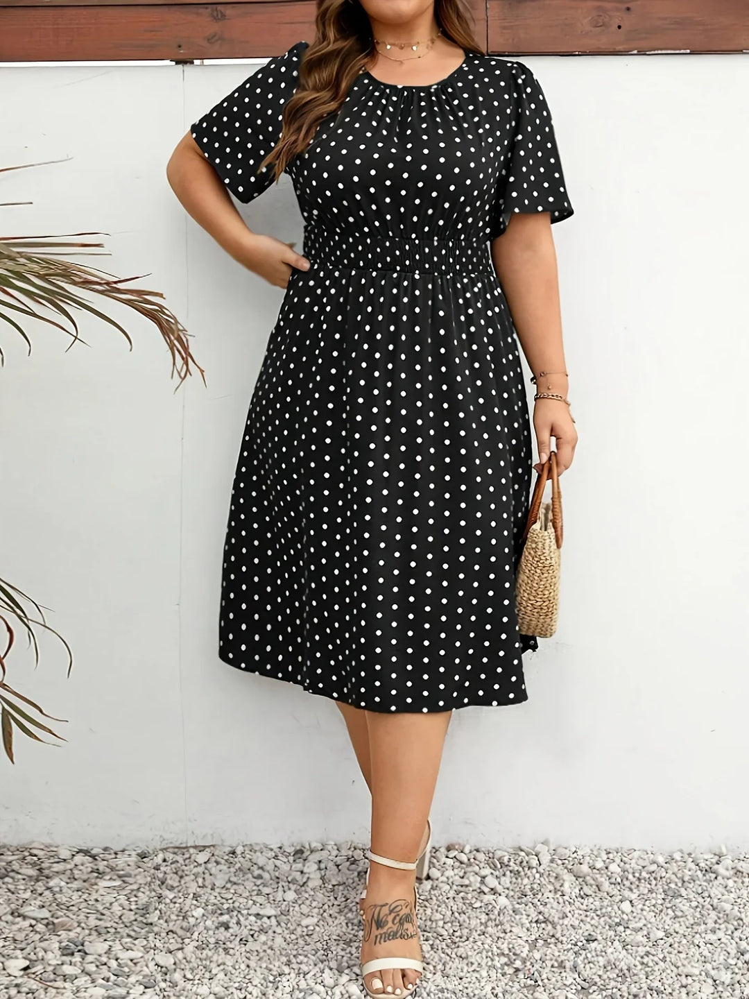 Dames jurk | Groene stippen jurk met elastische taille
