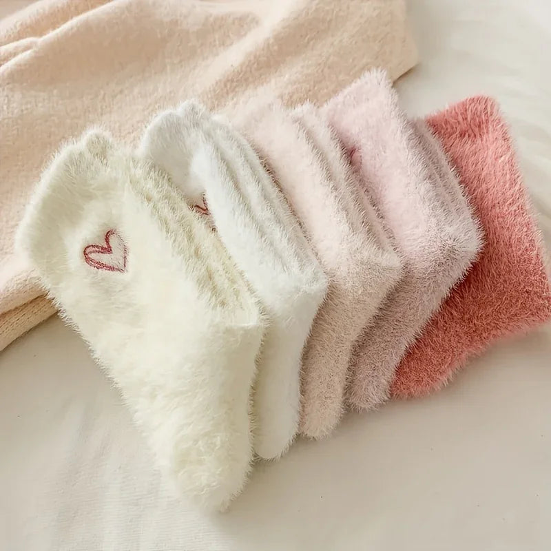 Warme dames sokken | Fluffy sokken met hartjes, 5-pack