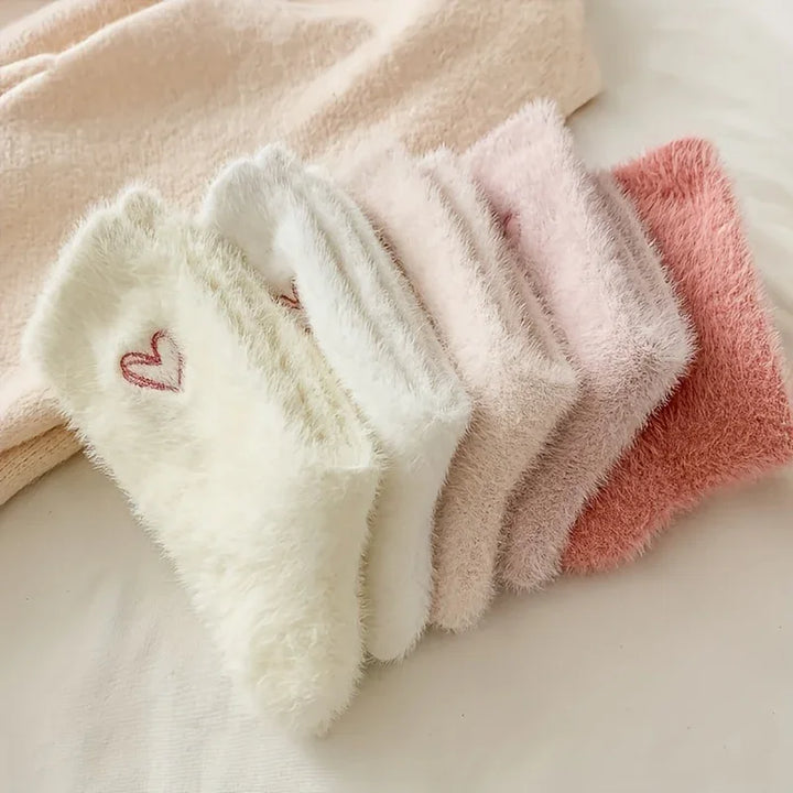 Warme dames sokken | Fluffy sokken met hartjes, 5-pack