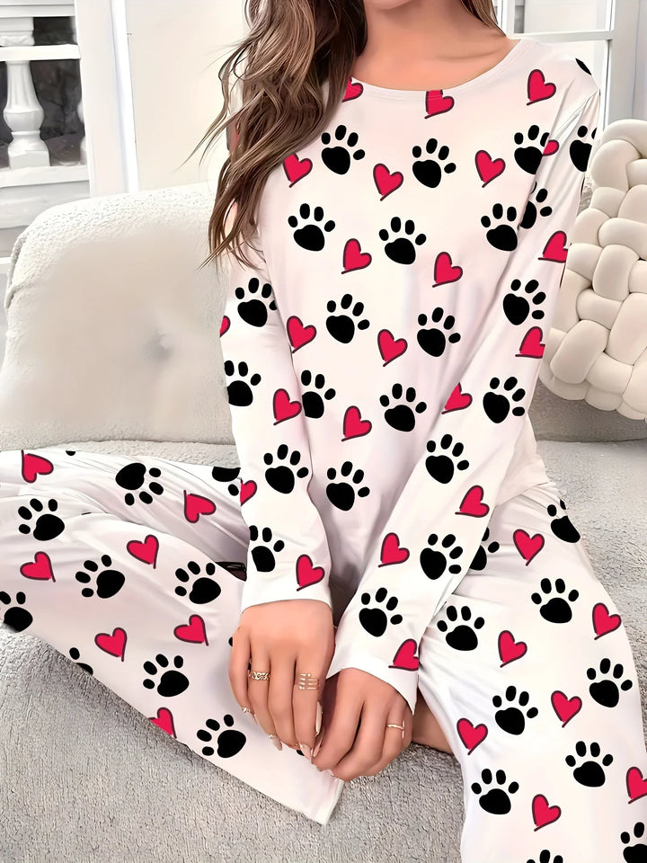 Dames pyjama set | Hartjes en pootafdruk print met lange mouwen
