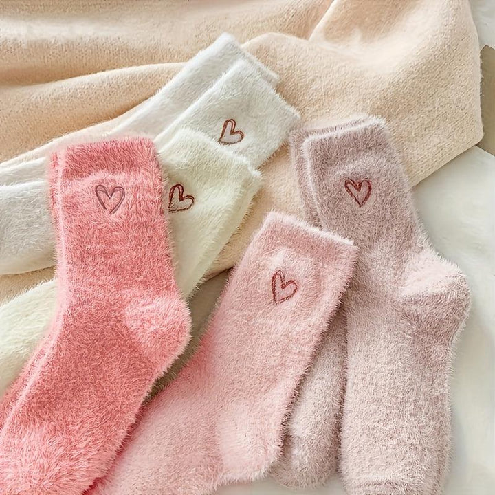 Warme dames sokken | Fluffy sokken met hartjes, 5-pack