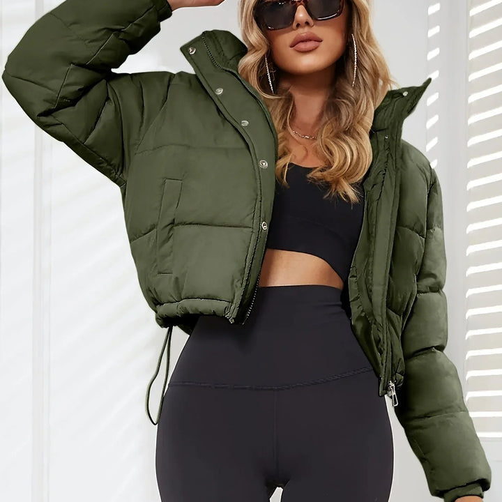 Dames puffer bomberjack | Beige gewatteerde winterjas met hoge kraag