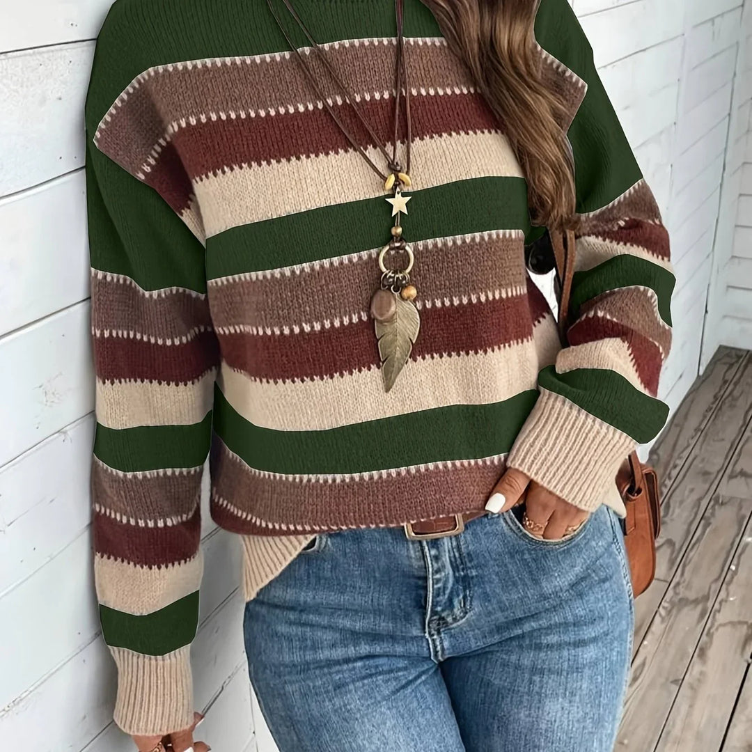 Dames trui | Gestreepte sweater met ronde hals in herfstkleuren