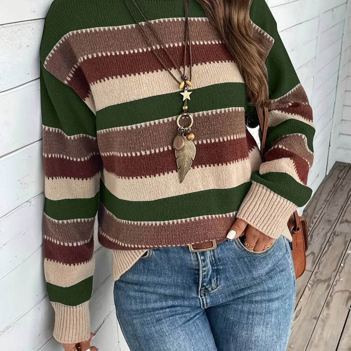 Dames trui | Gestreepte sweater met ronde hals in herfstkleuren