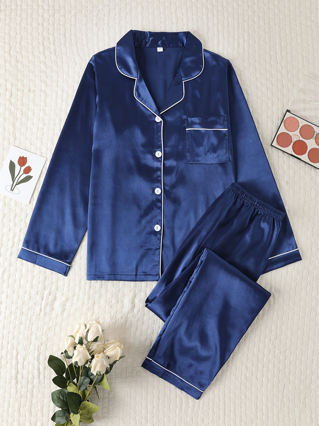 Dames pyjama set met satijnlook | Lange mouwen & knoopsluiting