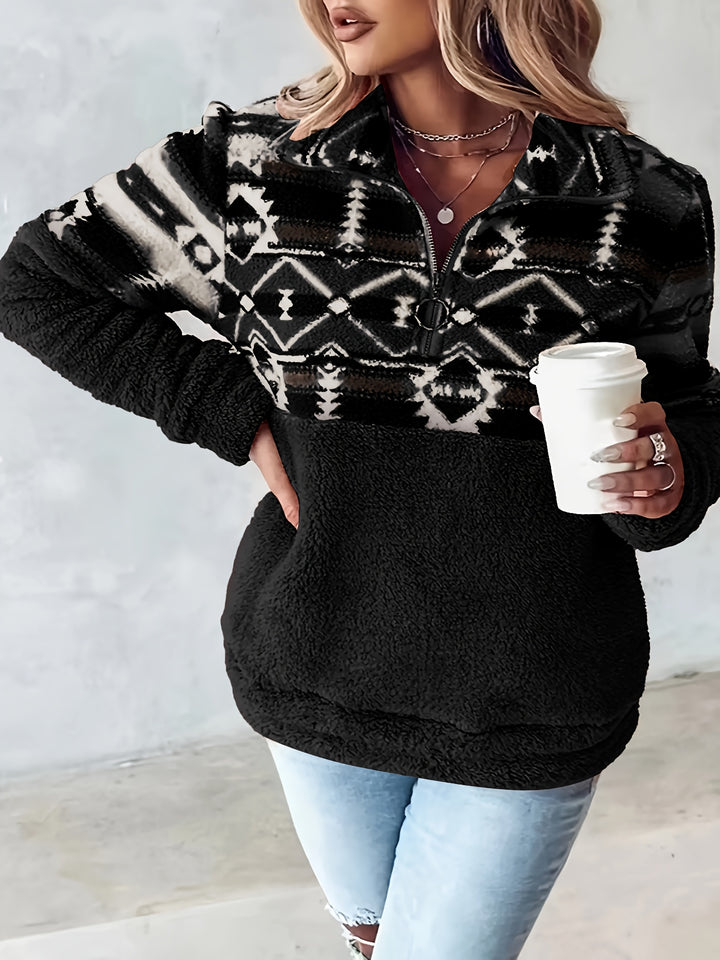 Dames sweater | Teddy fleece trui met halve rits en aztec print