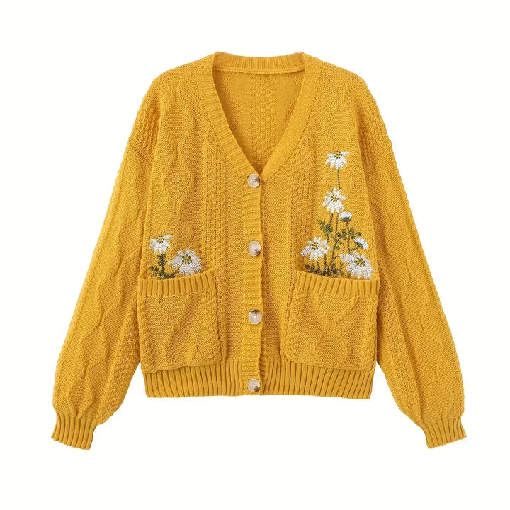 Dames vest | Gebreide trui met bloemenborduursel en knopen