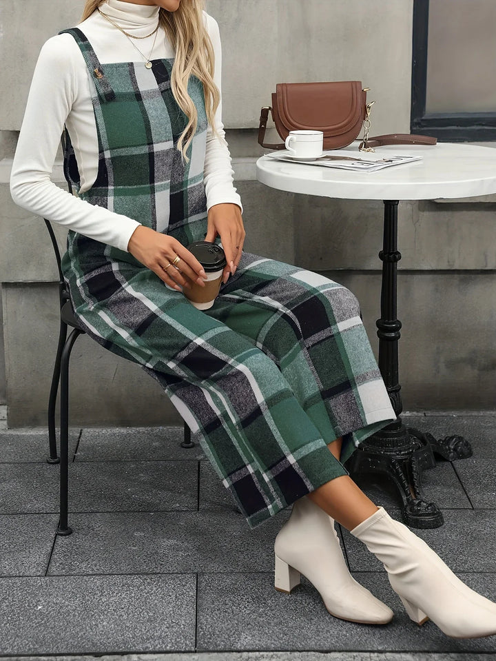 Dames jumpsuit | Ruit broekpak met square neck en wijde pijpen