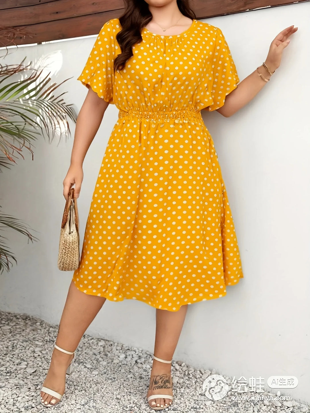 Dames jurk | Groene stippen jurk met elastische taille