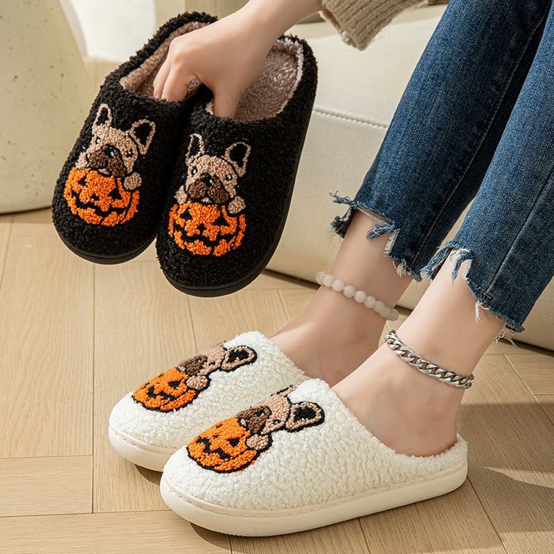 Pumpkin Pup Pantoffels | Warme dames sloffen met hond en pompoenprint