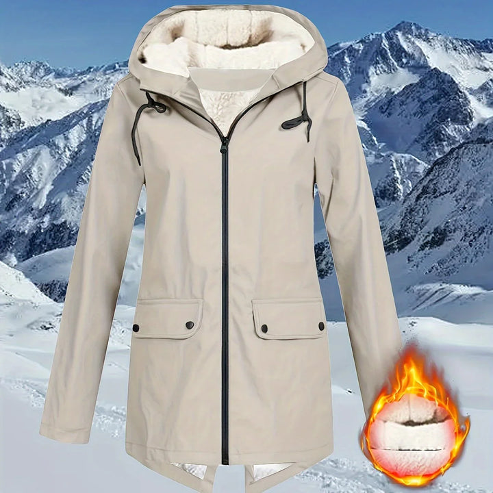 Dames winterjas | Beige windbreaker met capuchon en teddyvoering