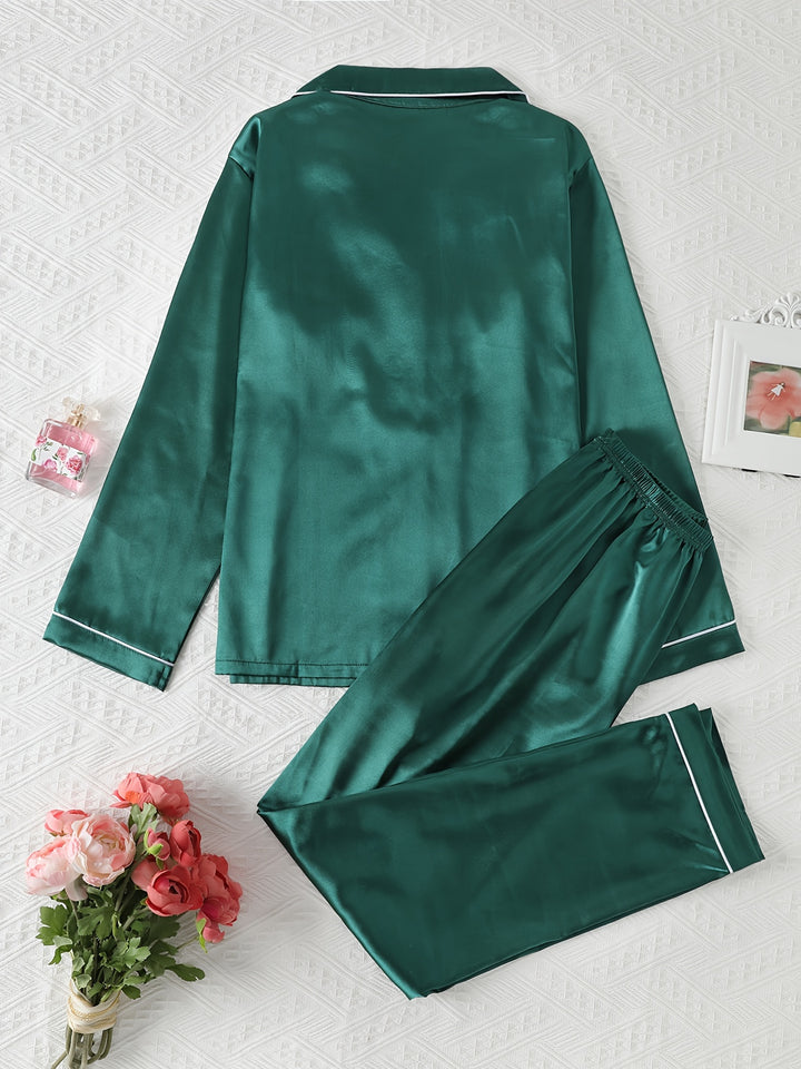 Dames pyjama set met satijnlook | Lange mouwen & knoopsluiting
