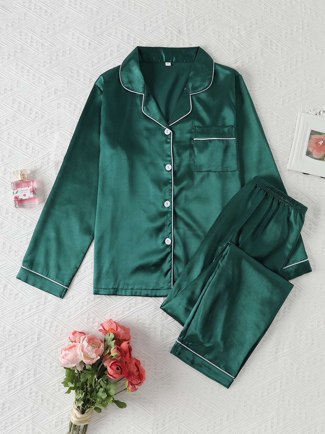 Dames pyjama set met satijnlook | Lange mouwen & knoopsluiting