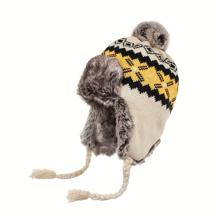 Noorse gebreide wintermuts | Met oorflap, pompon en warme fleece voering