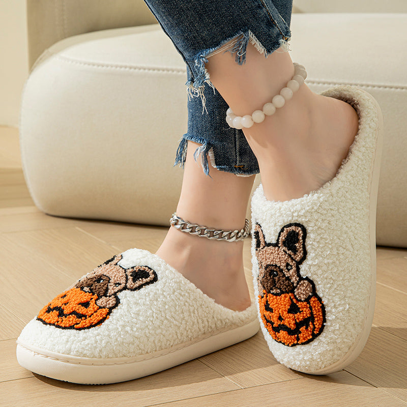 Pumpkin Pup Pantoffels | Warme dames sloffen met hond en pompoenprint
