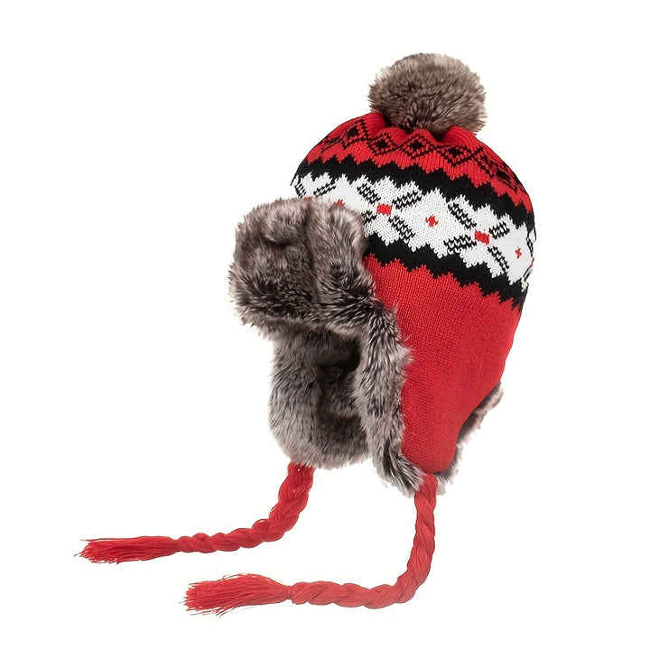 Noorse gebreide wintermuts | Met oorflap, pompon en warme fleece voering