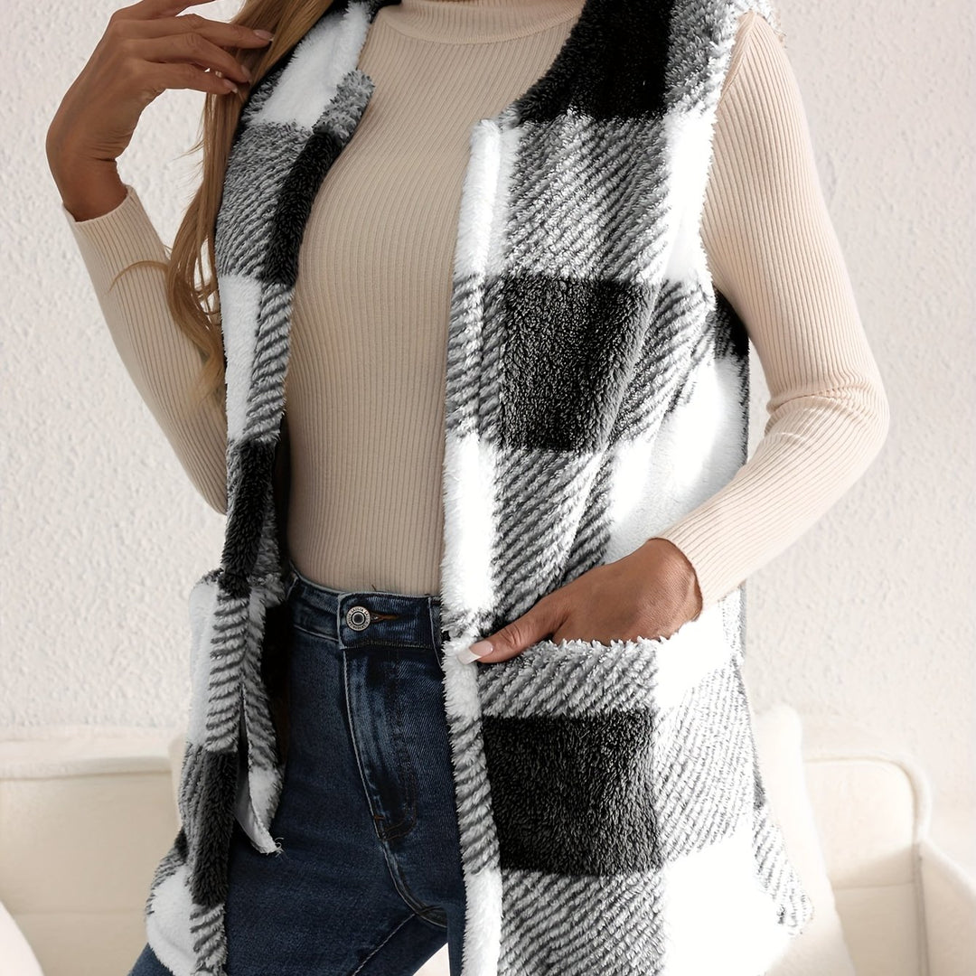 Geruit fleece vest met knopen en zakken