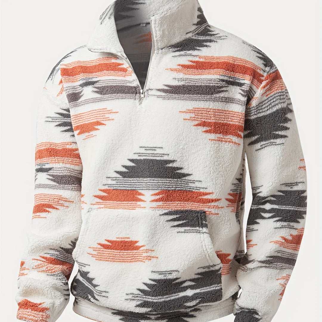 Heren fleece trui | Half zip sweater met aztec print