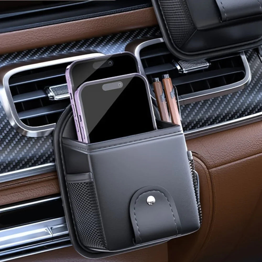 Auto vent organizer | Leren opbergvak met magneet telefoonhouder