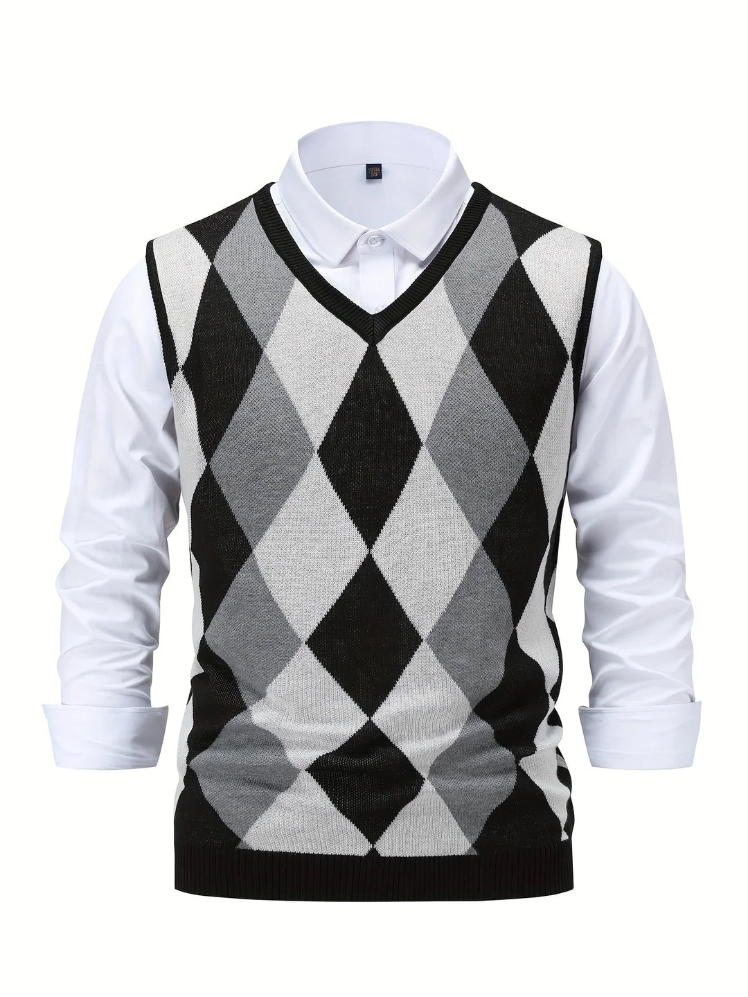 Heren pullover | Gebreide v-hals trui zonder mouwen met ruitpatroon