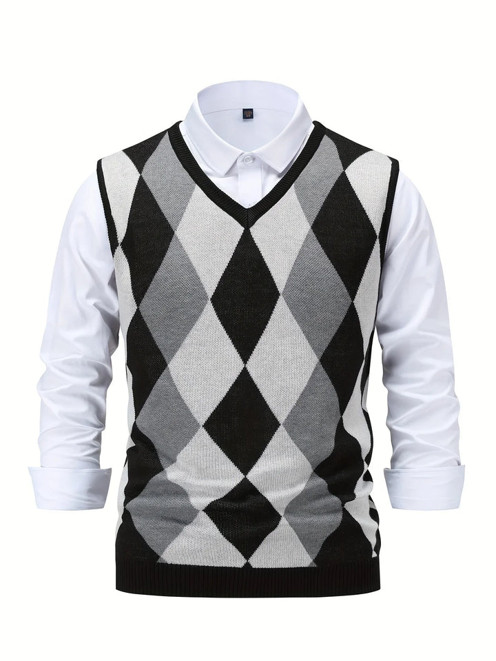 Heren pullover | Gebreide v-hals trui zonder mouwen met ruitpatroon