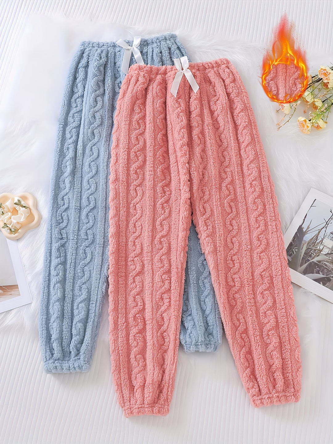 Dames winterbroek | Fleece gevoerde broek met strikdetail 2 stuks