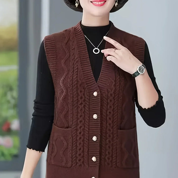 Dames vest | Kabelgebreid mouwloos cardigan met knopen