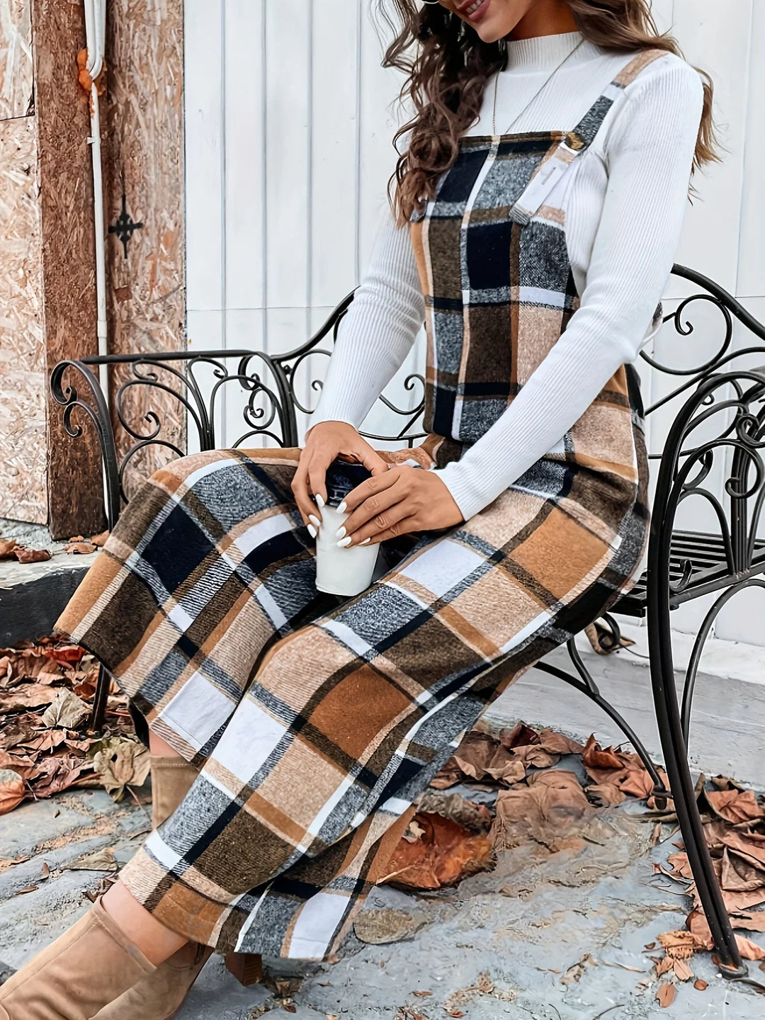Dames jumpsuit | Ruit broekpak met square neck en wijde pijpen
