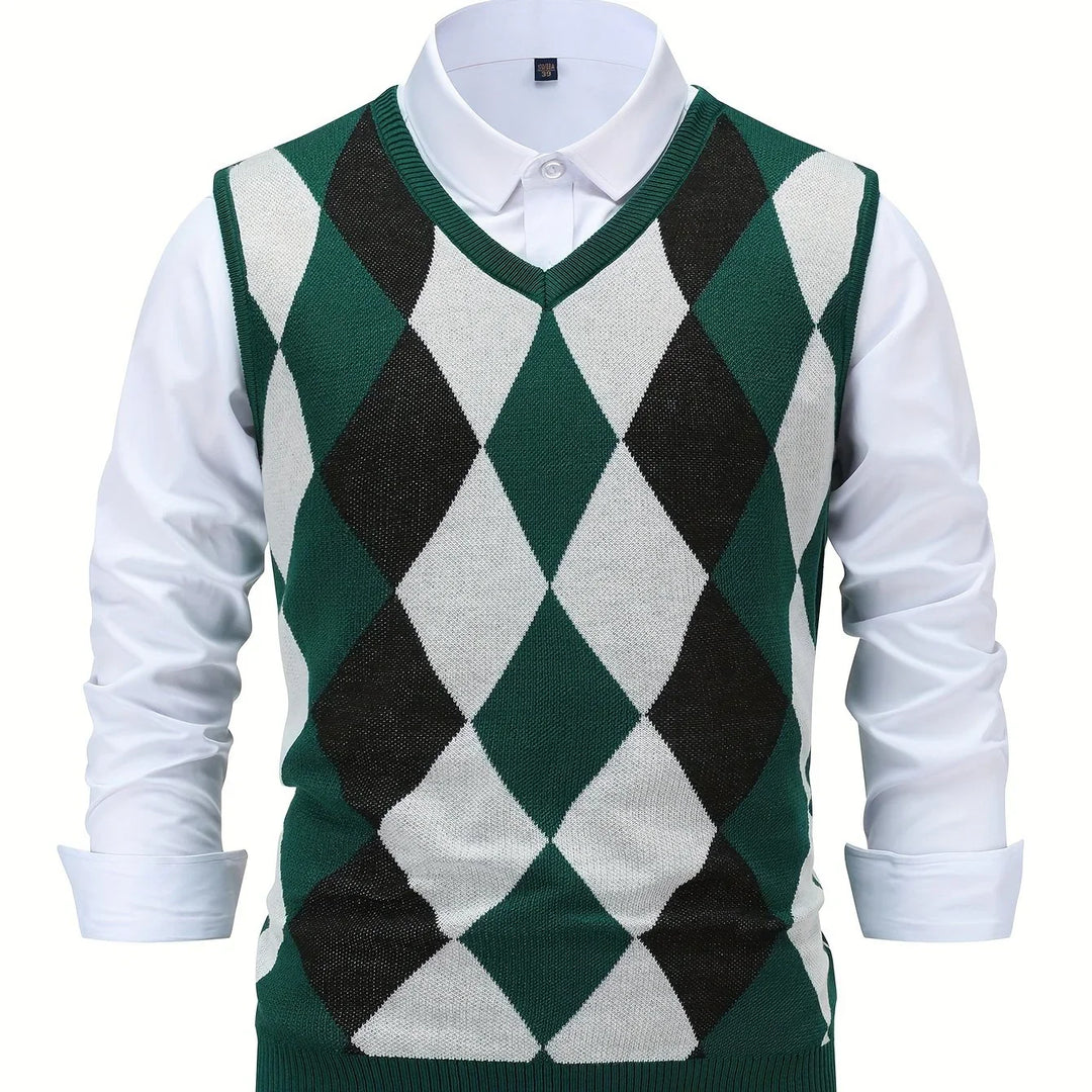 Heren pullover | Gebreide v-hals trui zonder mouwen met ruitpatroon