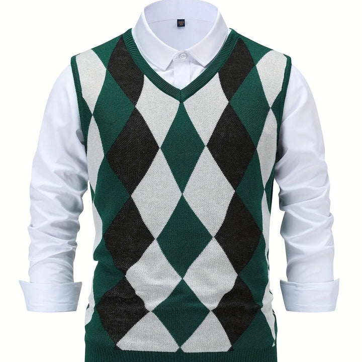 Heren pullover | Gebreide v-hals trui zonder mouwen met ruitpatroon