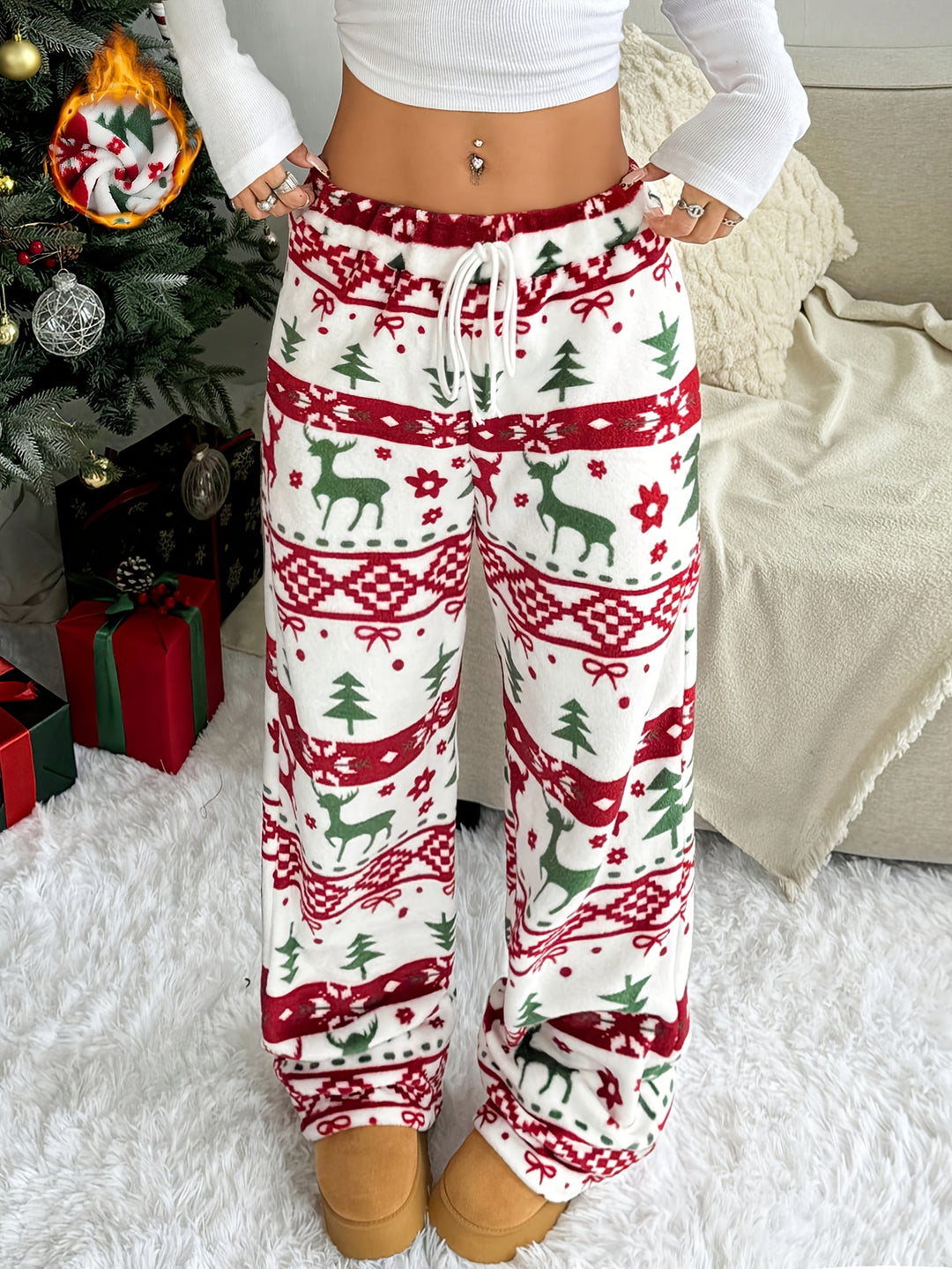 Kerst lounge broek dames | Pluche pyjama broek met rendieren