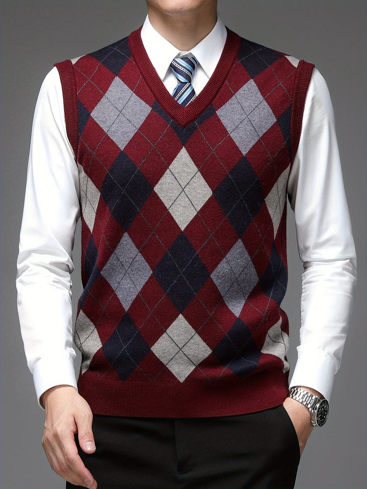 Heren pullover | Argyle gebreide trui zonder mouwen v-hals